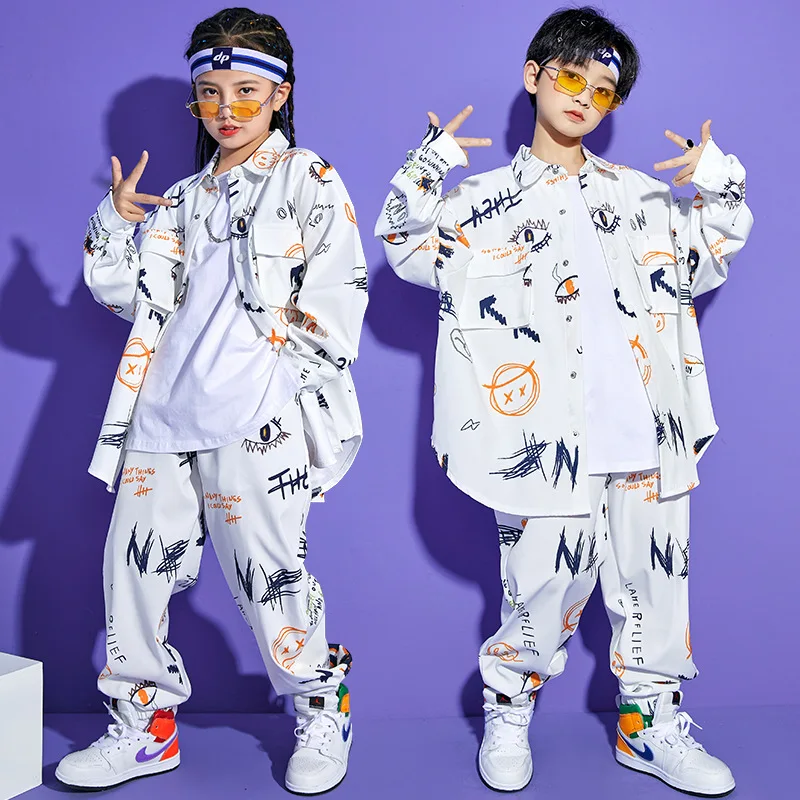 Fashion Graffiti White Hip Hop Costumes 4 Girls Boys Ballroom Stage Outfit Perform Kids Dance Competition Jazz Dancing T Shirts