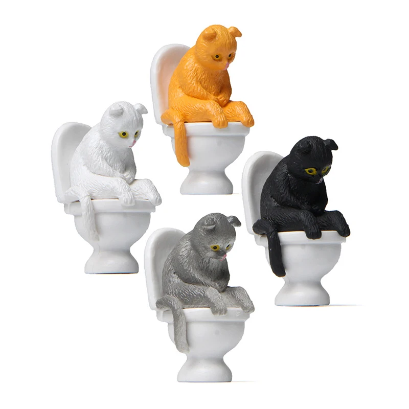 Cute Animal Cat Sitting On Toilet And Small Yellow Duck Miniature Handicraft Decorations Landscape Home Garden Decoration Toys