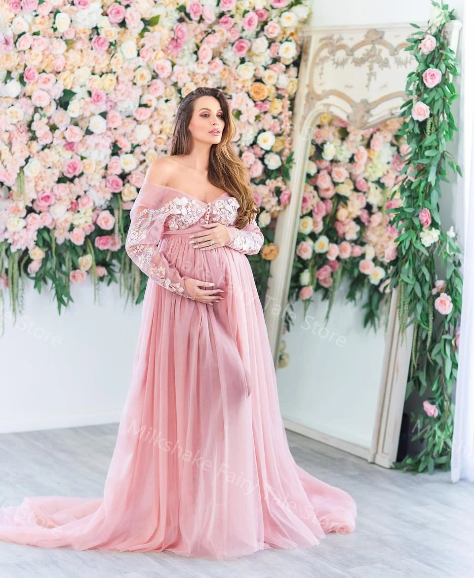 Gorgeous A Line Maternity Robes for Photography Lace Appliques Long Sleeves Pregnant Women Dresses Floor Length Babyshower Gowns