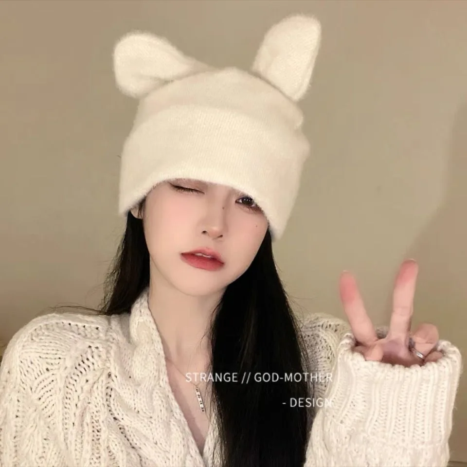 

Soft and Comfortable Rabbit Ears Knitted Hat Cute Sweet Girl Furry Winter Pile Hat Outdoor Leisure Warm Knitted Hat Women