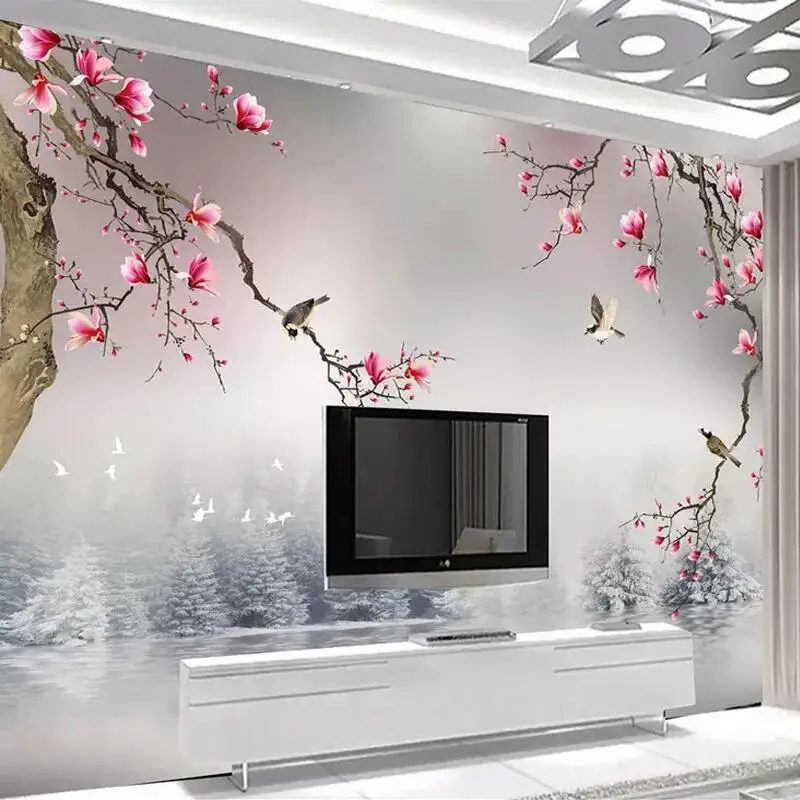 Papel de Parede 3d Stereo Magnolia Flower Bird Murais em Estilo Chinês Fotografia Personalizada Sala de Estar tv Fundo do Sofá Pintura de Parede Decoração 3d