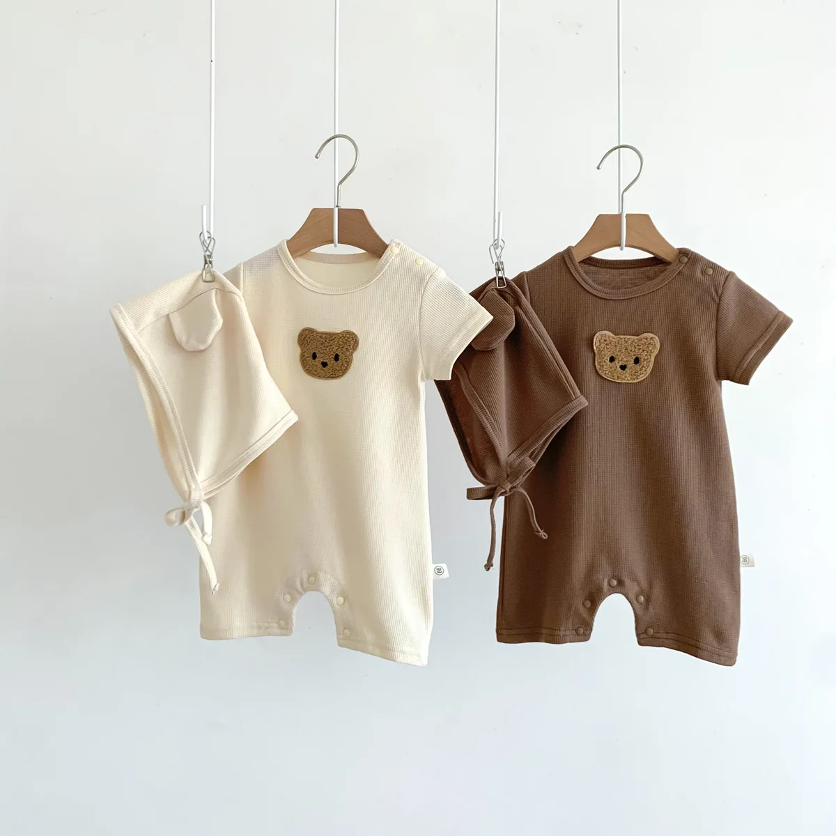 

3-24 Months Baby Onesie Toddler Casual Sleeper Newborn Jumpsuit Infant Short Sleeve White Brown Romper with Hat Bear One-Piece