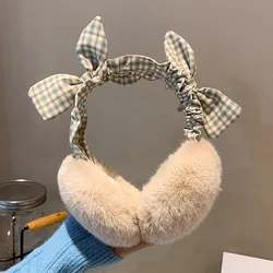Mori Girl Lattice Japanese Bow Winter Ear Warmers Cold and Frost-proof Cute Earmuffs Student High Quality Rabbit Fur Ear Muffs