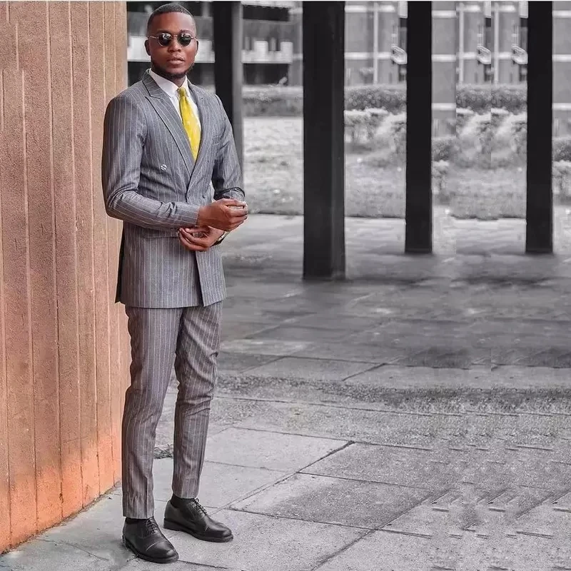 

Men's Suits Tailor-Made 2 Pieces Blazer Pants Double Breasted Pinstripes Gray Peaked Lapel Business Wedding Plus Size Tailored