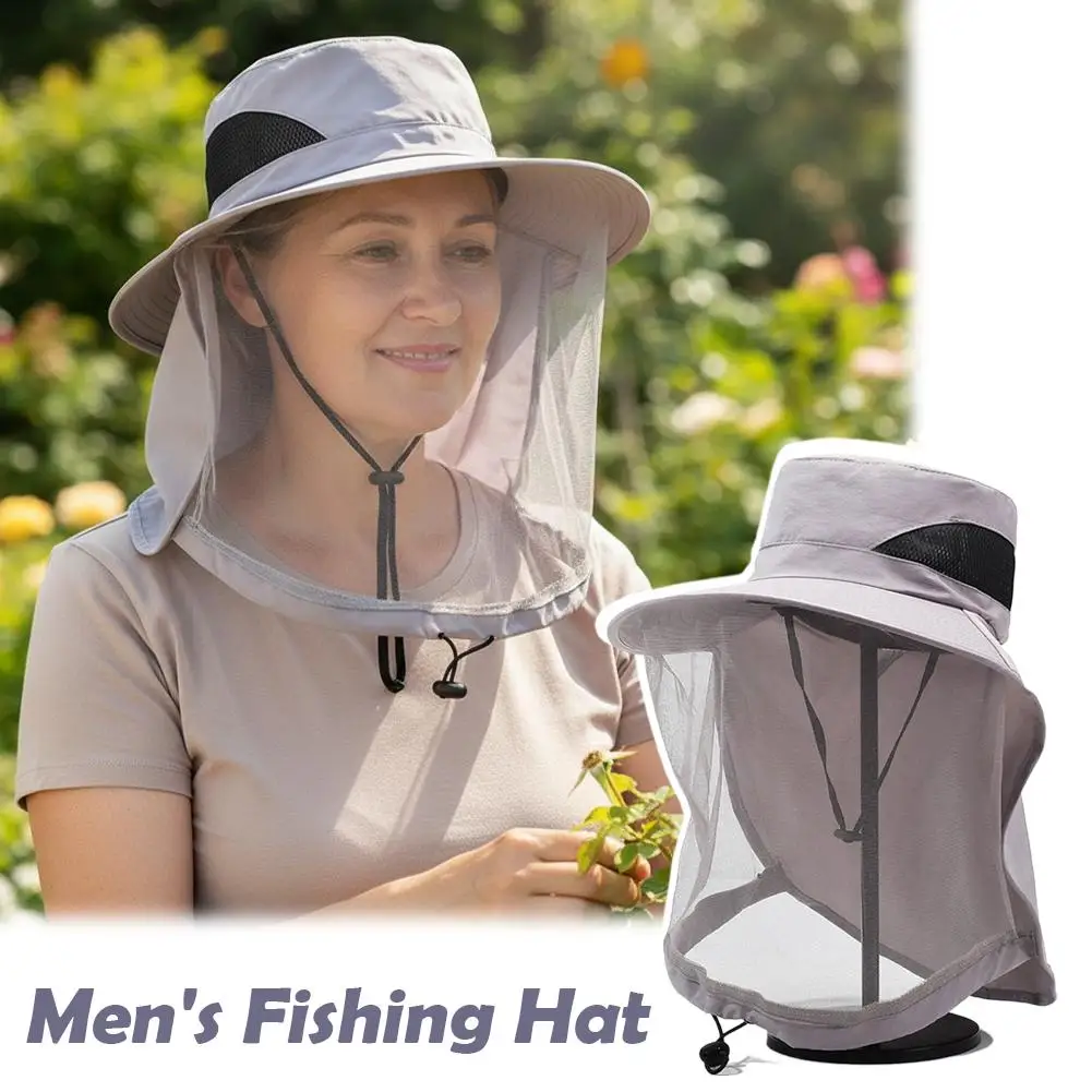 Moskitonetz-Sonnenhut für Männer und Frauen, UV-Schutz, breiter Rand, Fischerhut mit Netz, verstellbarer Kinnriemen für Angeln, Wandern, Gartenarbeit – Detail 10