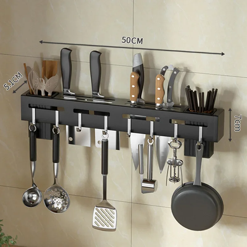 Stainless Steel Shelf Wall Mounted Knife Rack Kitchen Nail-Free Organiser Knife Rack with Hooks Cabinet Organiser Single Kitchen 3