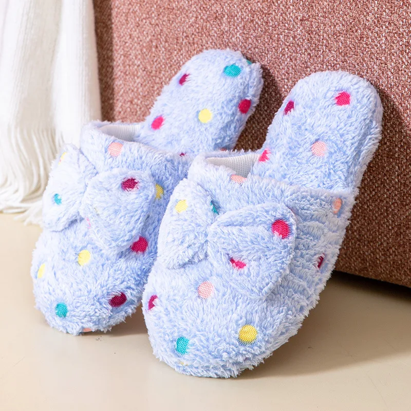 Female Cute Living Room Shoes Women's Bow Tie Slippers Autumn Winter House Warmth Thick Plush Soft Bedroom Floor Flip-flops 4