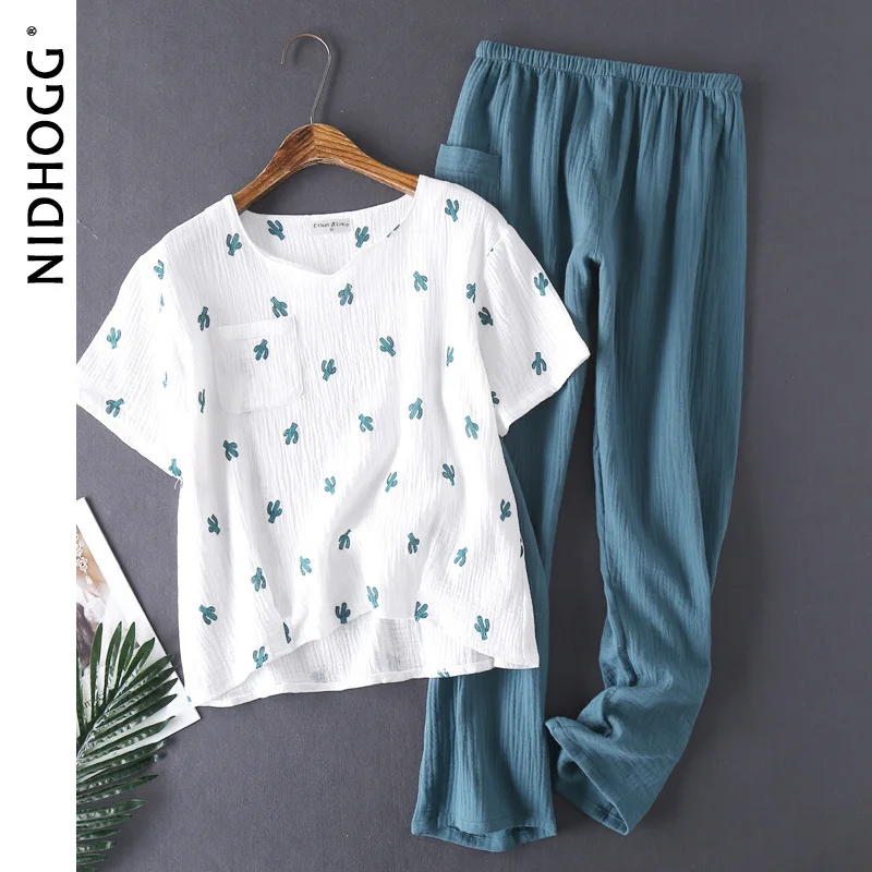 Women's Cotton Pyjamas Water-washed Crepe Yarn Short-sleeved Long Pants Sleepwear Home Suit 2-piece Set women pajamas set cotton pajamas set