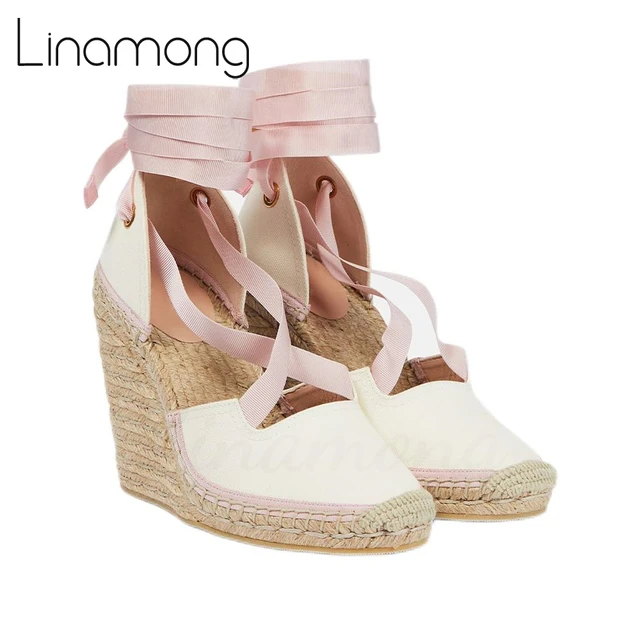 Canvas Strap Espadrille Wedges Multicolor Ankle Strap Sandals Platform Raffia Heel Cross Strap Designer Luxury Style Summer Shoe