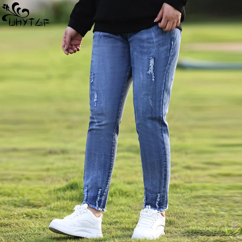 

UHYTGF XL-6XL Large Size Jeans Womens Spring Autumn High Waist Elastic Lace-Up Scratch Mark Raw Edge Lady Denim Small Foot Pants