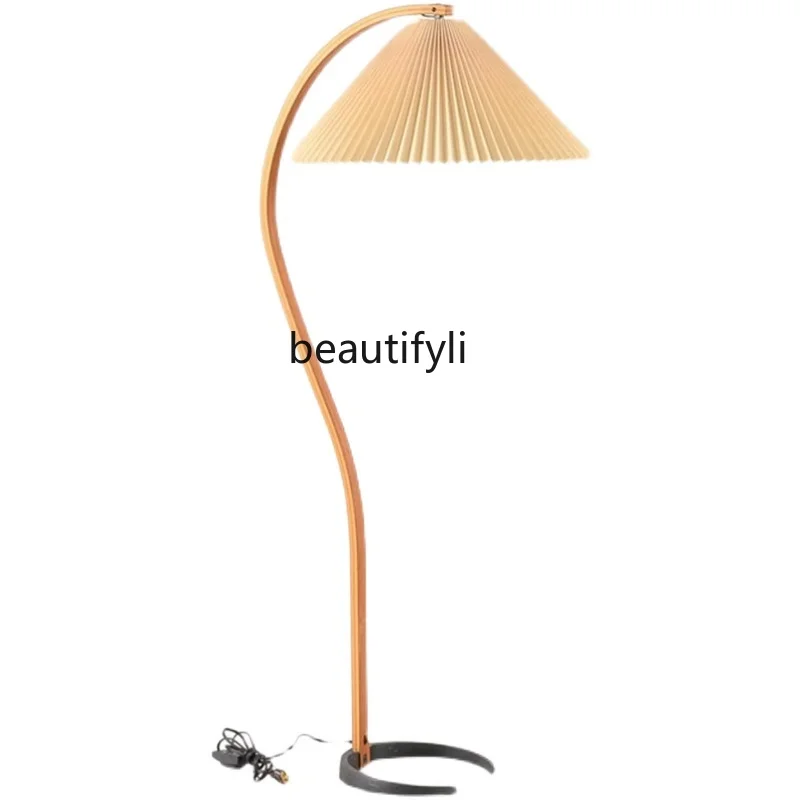 

Wood Pleated Solid Wood Floor Lamp Living Room Quiet Style Mid-Ancient Bedroom Bedside Study Retro