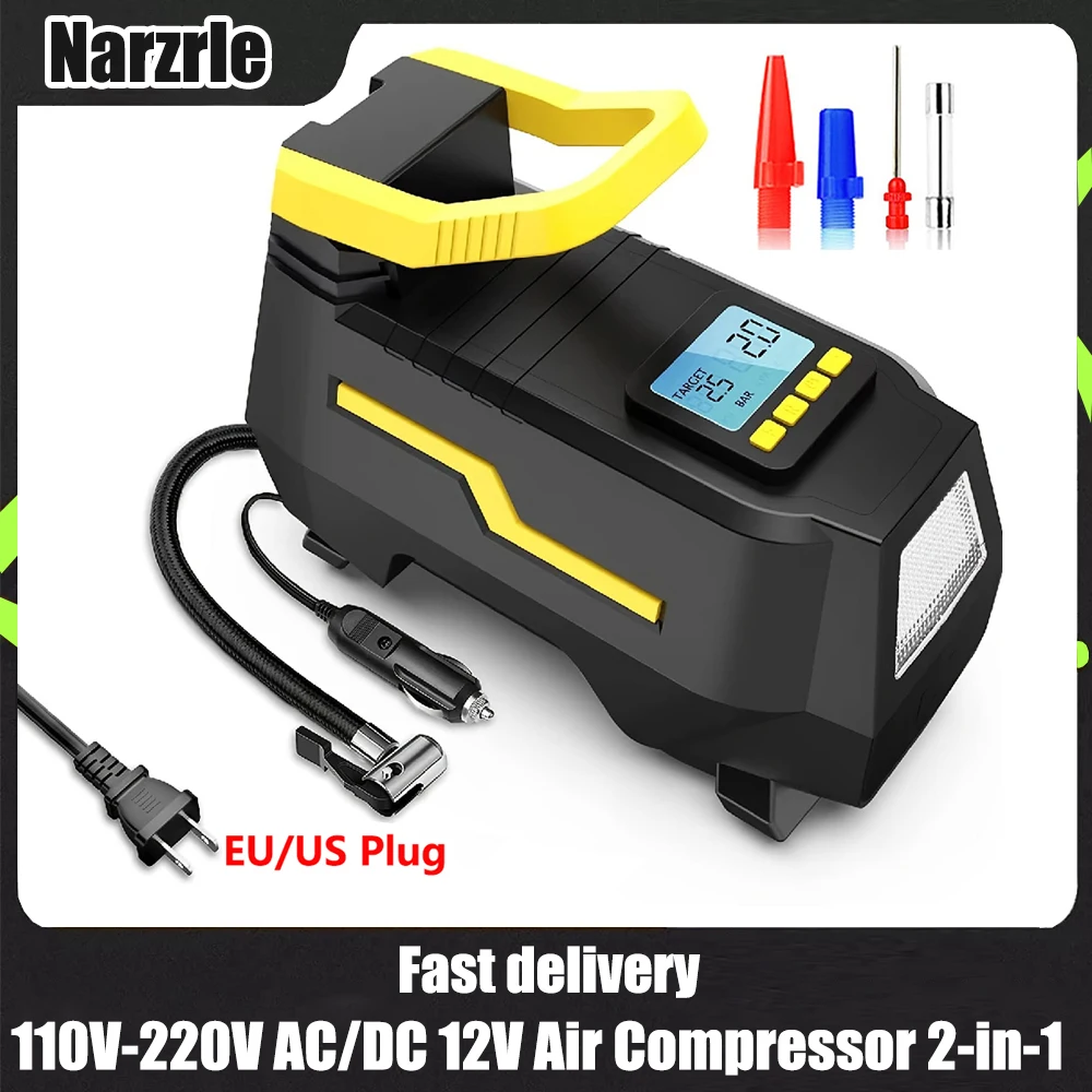 휴대용 공기 압축기, AC/DC, 2 in 1 타이어 팽창기, 자동차 타이어용 공기 펌프, 자동차 오토바이 자전거용 자동 차단, 110V-230V 