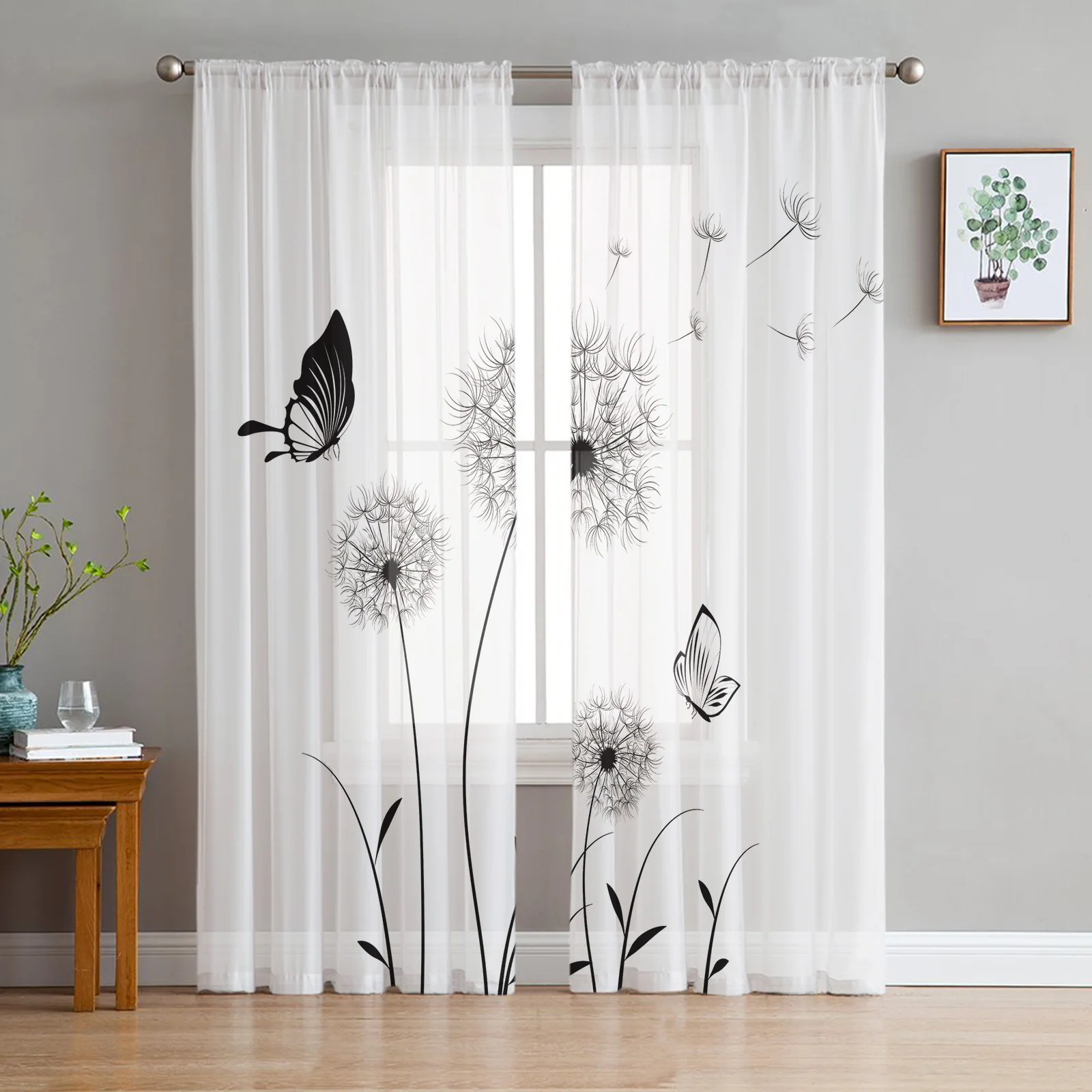 

Dandelion Butterfly Black White Tulle Curtains For Living Room Kitchen Decoration Chiffon Window Treatments Voile Sheer Curtain