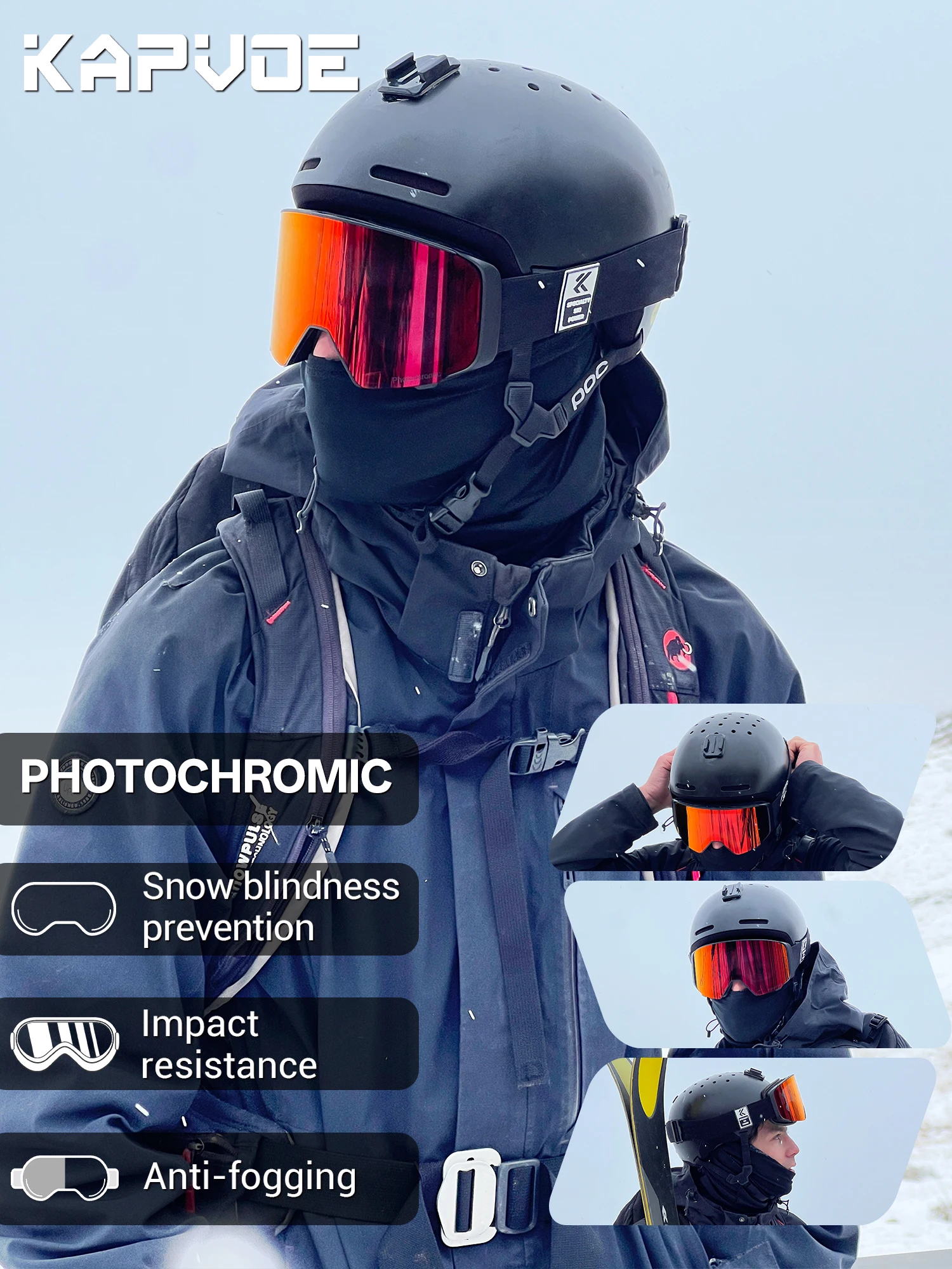 Kapvoe Photochromic Snow Goggles Men Ski Goggles Snowboard Anti-Fog Mask for Women UV400 Protection Glasses Snowmobile Winter