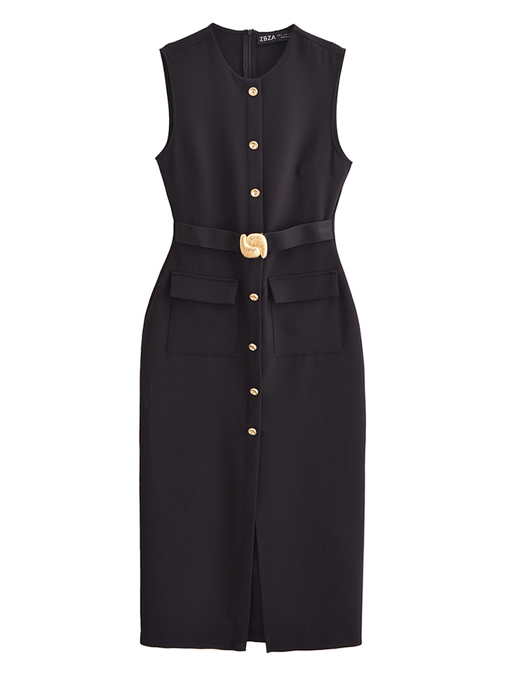 KUCLUT Women Fashion With Belt Black Single Breasted Back Zipper Midi Dress Vintage O-Neck Sleeveless Female Chic Lady Dresses
