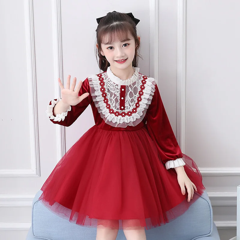 Girls' mesh dress 2022 spring new children's foreign dress Dress Girls' velvet long sleeve Princess Dress