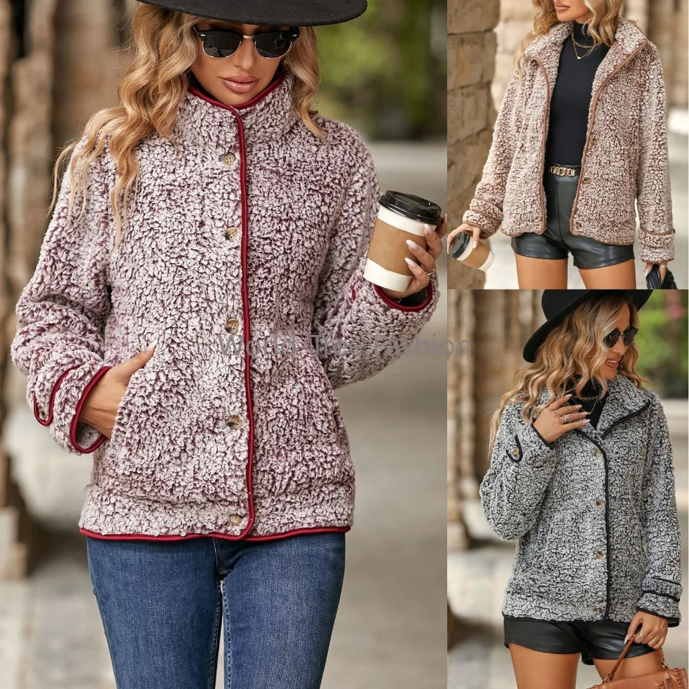 

Autumn and Winter Coats for Women New Fashion Women's Long Sleeved Single Breasted Flip Collar Plush Coats and Jackets Women