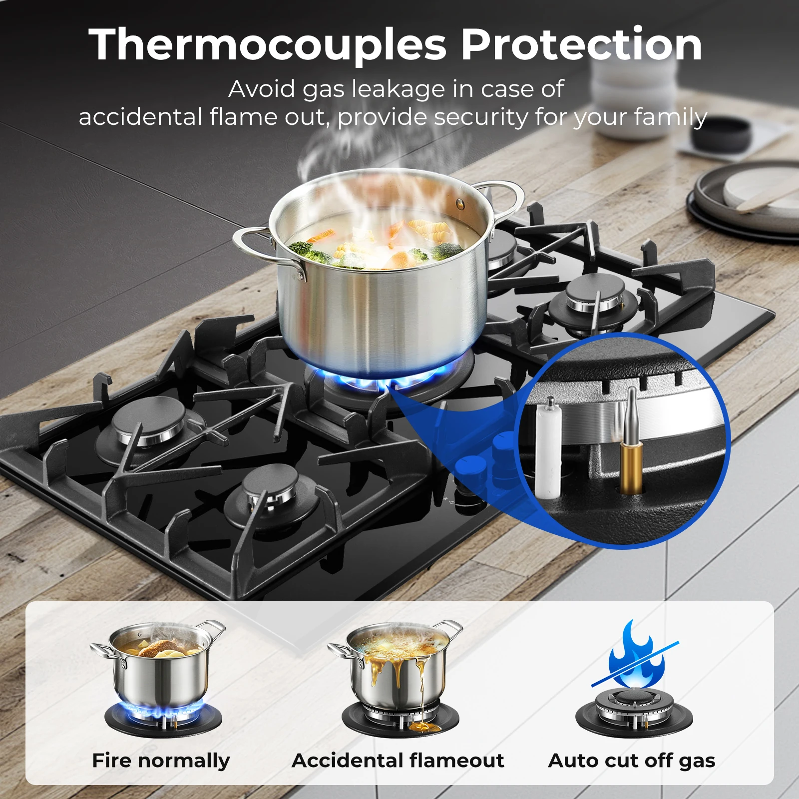 30 Inch 5 Burners Stove Top Built-in NG/LPG Convertible with Thermocouple Protection Gas Cooktop 5