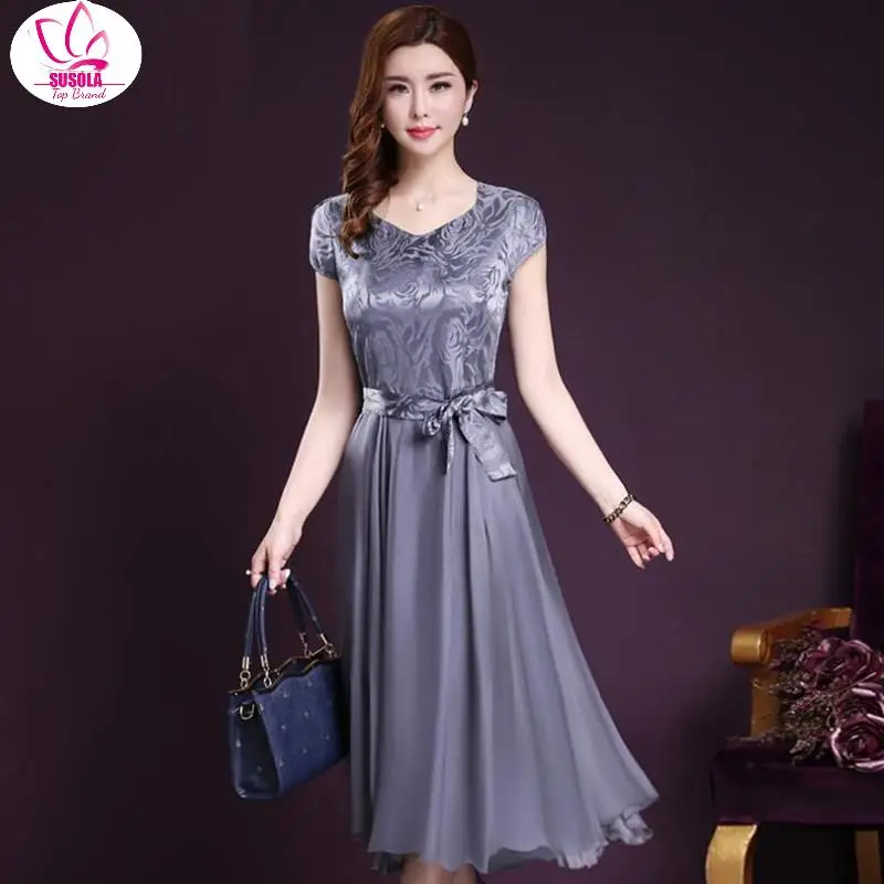 

SUSOLA Lady New Trend Women Summer Clothing Silk Elegant Dress Short Sleeve Bowtie Wedding Party Dresses Vestidos