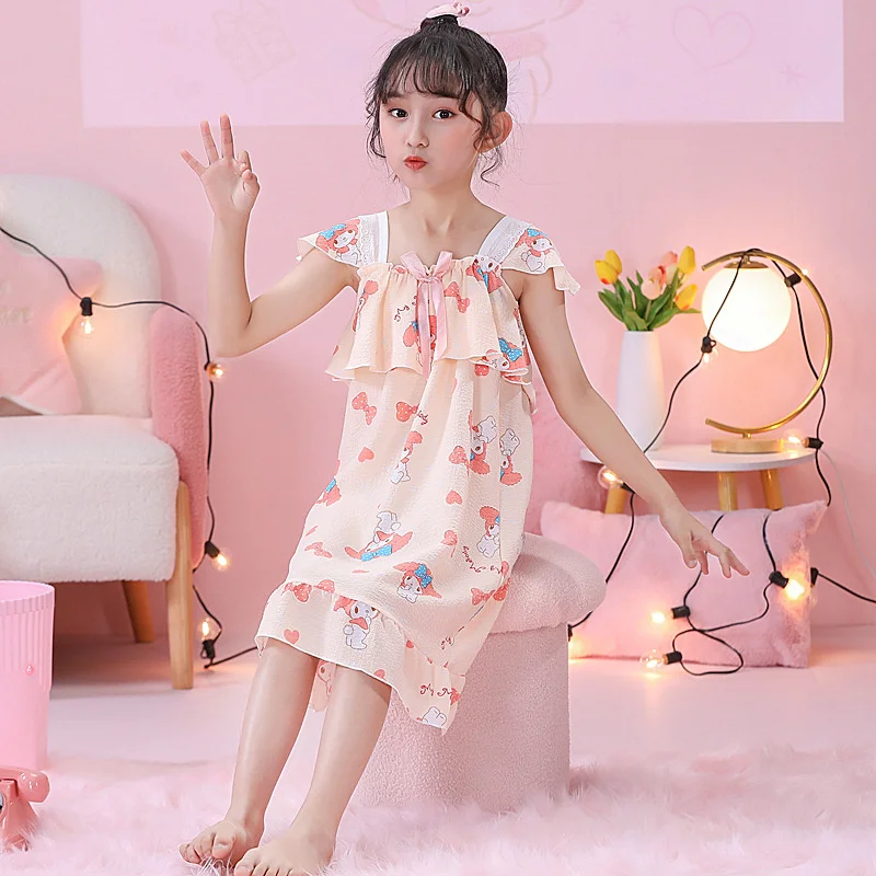 

Sanrios Girls Nightdress Kawaii Anime MyMelody Kuromi Cinnamoroll Cartoon Dress Summer Short Sleeve Children's Pajamas Homewear