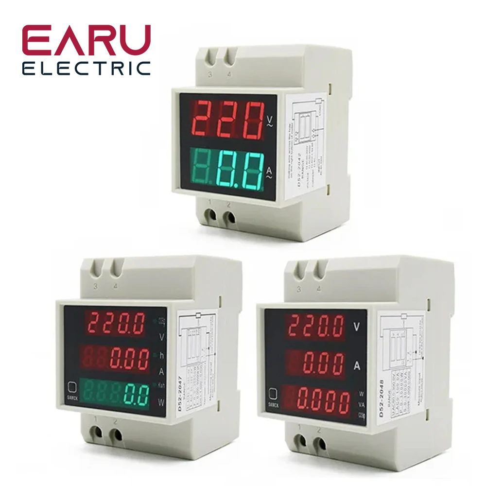 Earu D52-2042 DIN Rail Multifunction Meter AC 80-300V AC 200-450V 100A Digital LED Voltage Current Active Power Factor Energy Meter Voltmeter