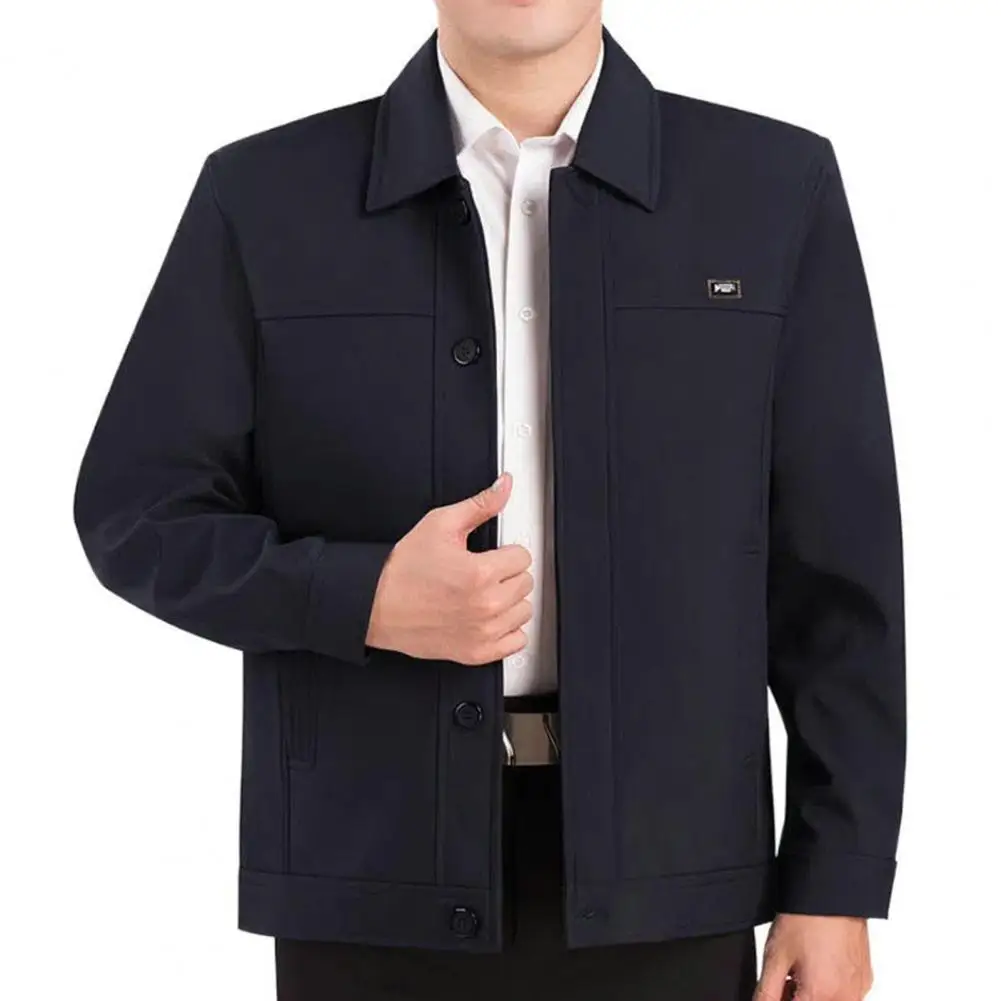 

Men Jacket Badge Decor Men Jacket Stylish Men's Lapel Jacket Thin Solid Color Long Sleeve Button Up Pockets for Fall Spring