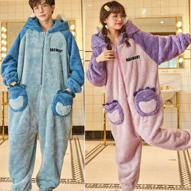 Inverno quente xadrez imprimir onesies para as mulheres grosso de pelúcia  manga longa com capuz macacão pijamas casual macacão pijamas mujer -  AliExpress