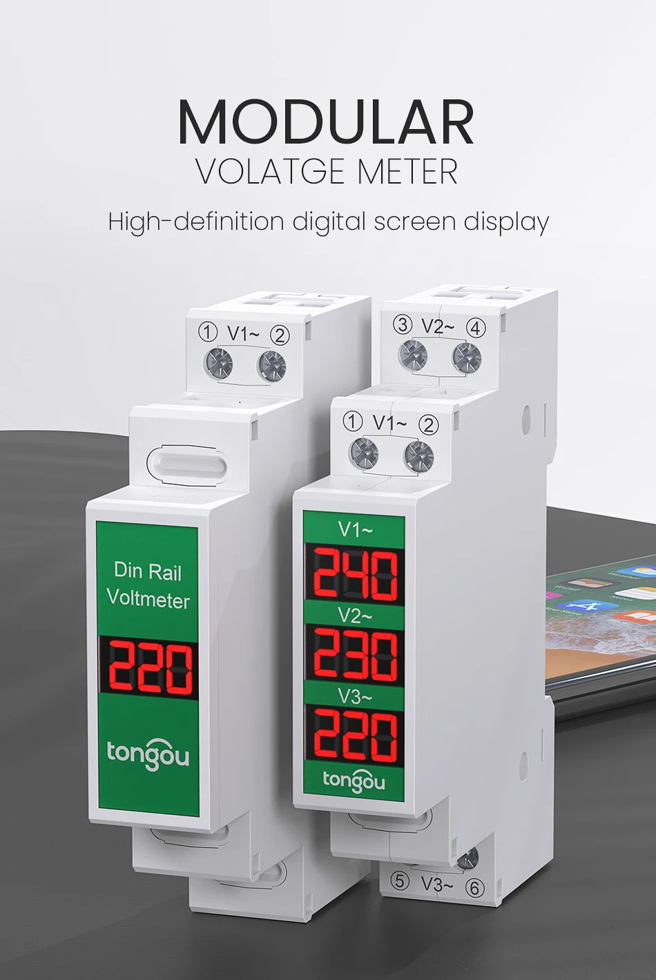 Three Phase Voltage Meter Ac 60V-450V Mini Modular Voltmeter Gauge Indicator LE