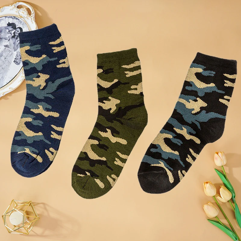 

3 Pairs/Lot Men's Socks Spring and Autumn Mid-calf Foreign Trade Camouflage Army Green Underwear High Quality Cotton Sock