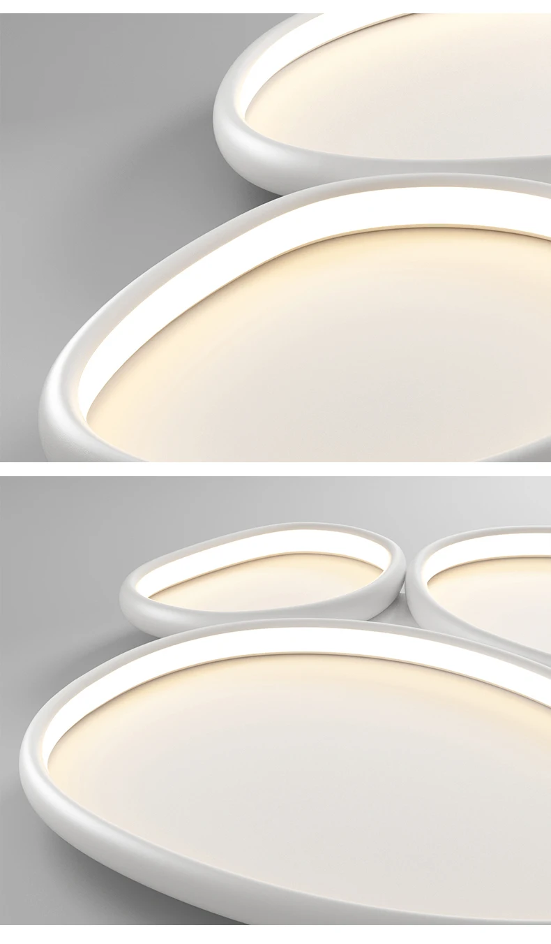 Three different views of a minimalist white LED ceiling light with a contemporary aesthetic.