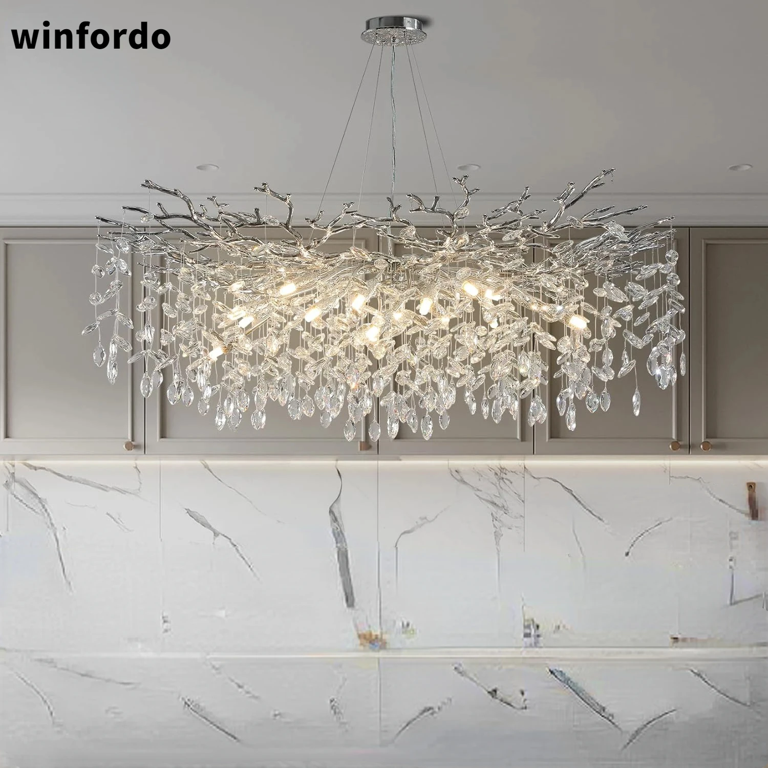 

Modern Chrome K9 Crystal Ceiling Chandelier For Dining Room Living Room Bedroom Kitchen Round Tree Branches Chandeliers