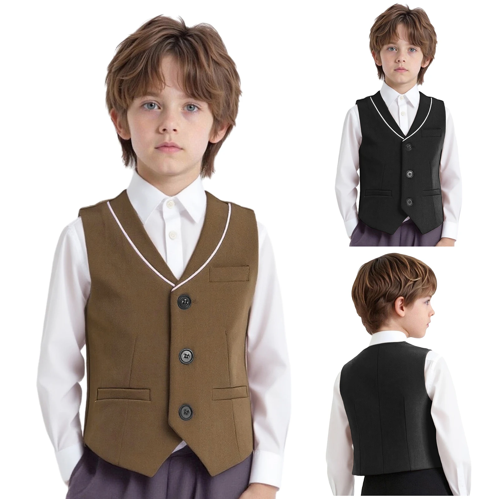 아이들 남아 정장 베스트 민소매 브이넥 포인트 헴 웨이스트코트 탑 세례식 결혼식 생일 파티 연회용