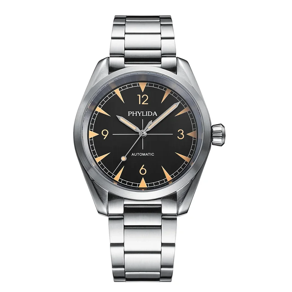 Phylida-男性用自動巻き時計,メカニカル腕時計,黒のダイヤル,nh38a
