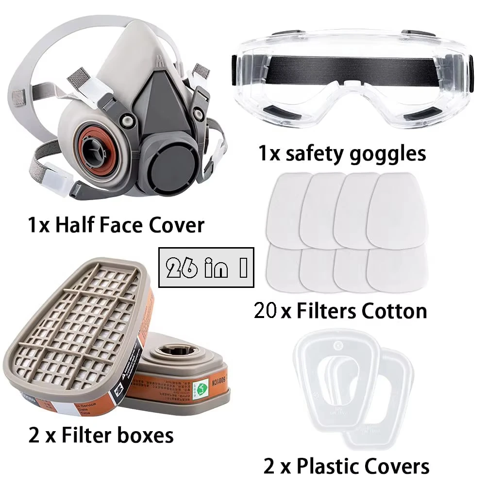 Détail des filtres interchangeables 26in1 du masque à gaz, offrant une protection multi-polluants efficace