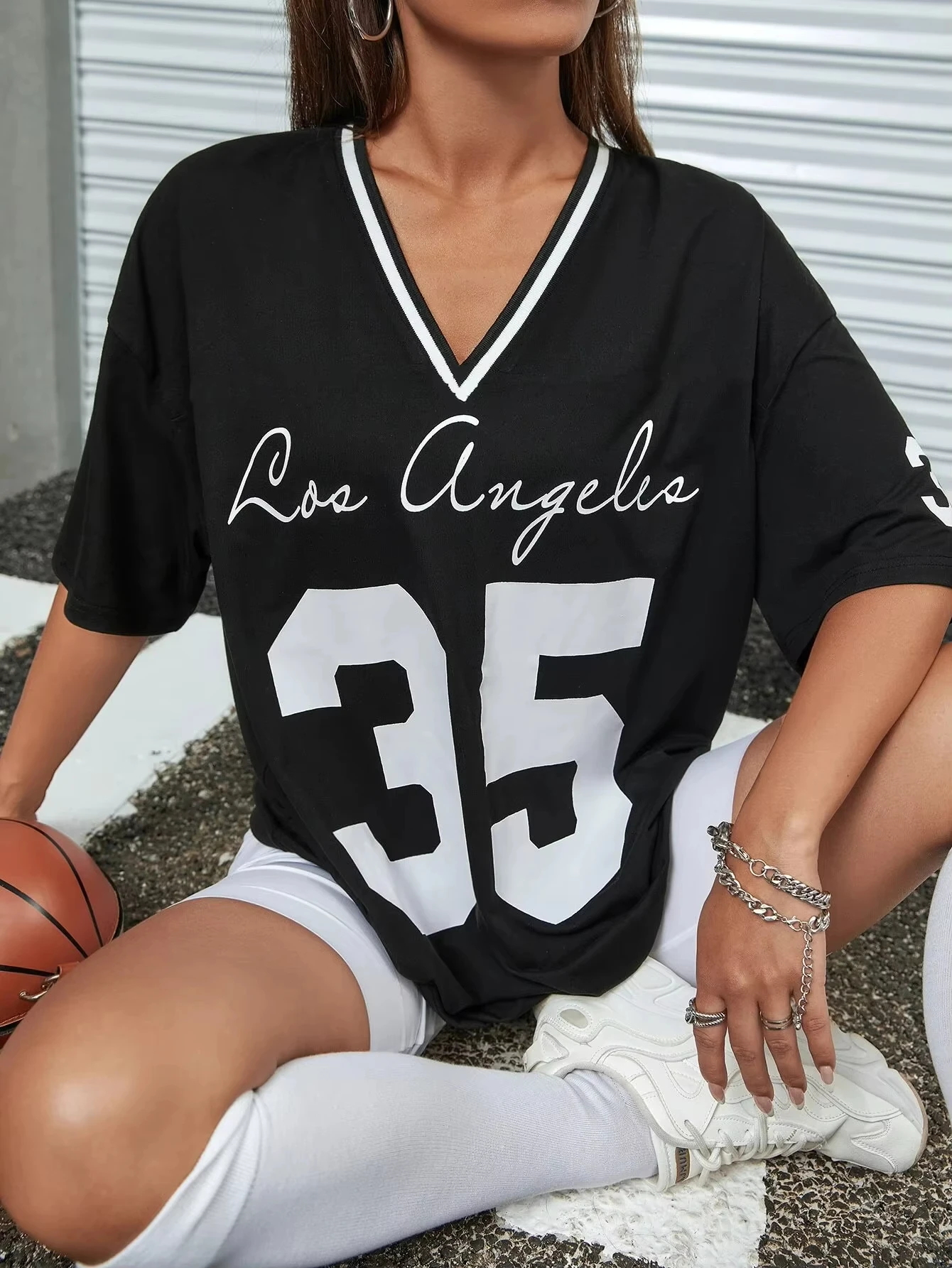 SOLY HUX Women's Oversized V-Neck Jersey T-Shirt - Drop Shoulder Graphic Tee For Summer - View #7