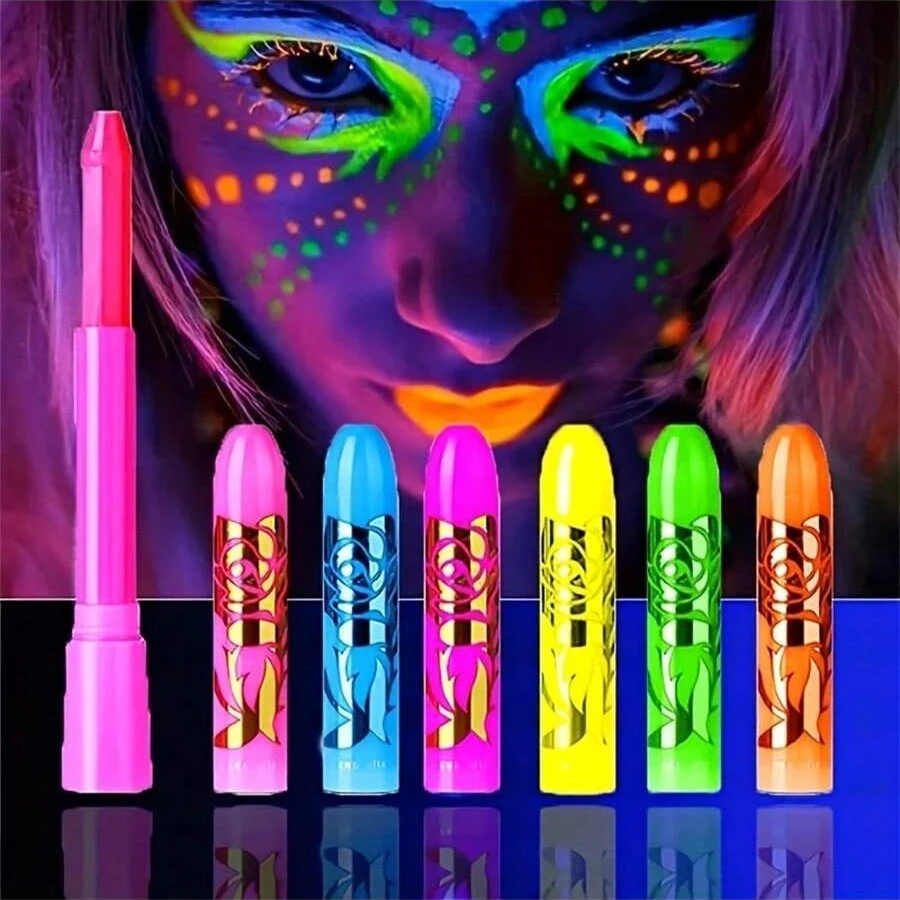 6 Uv Black Light Facial Oil Paint Crayon Set, Black Light Makeup Neon Face and Body Oil Paint Stick Marker Pen for Carnival Halloween Masquerade Makeup 2