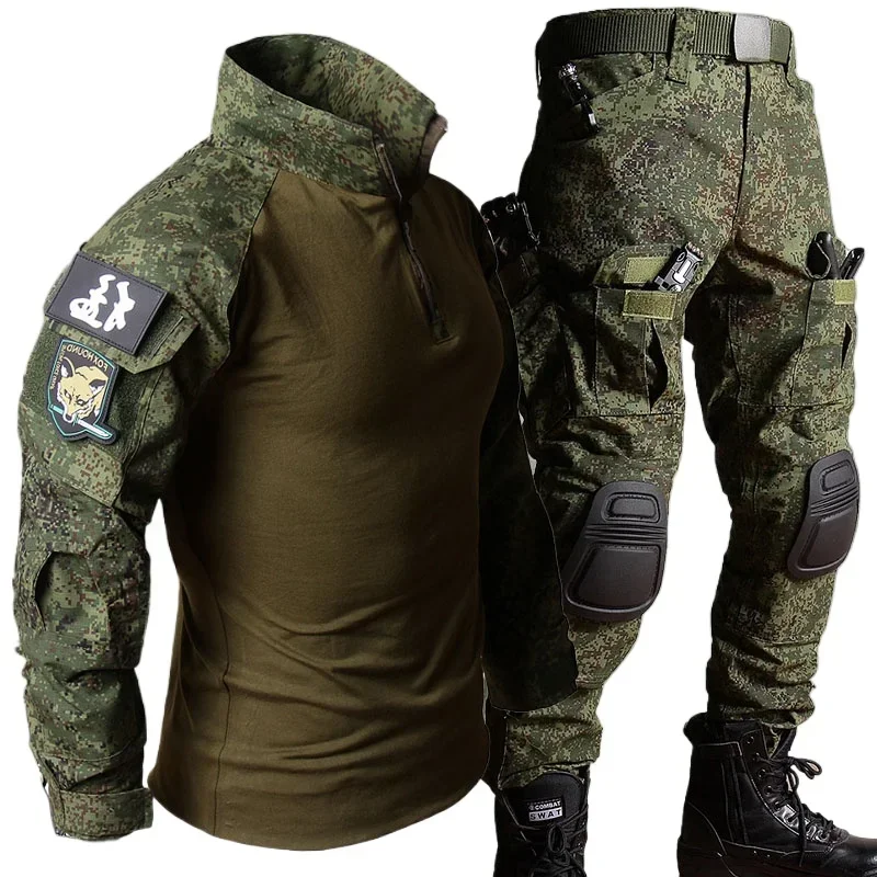 Spring Camo Sets Men Breathable Long Sleeve T-shirts+Multi-pocket Straight Pants Training 2 Pcs Cargo Suits Sports Tactical Set tactical suit