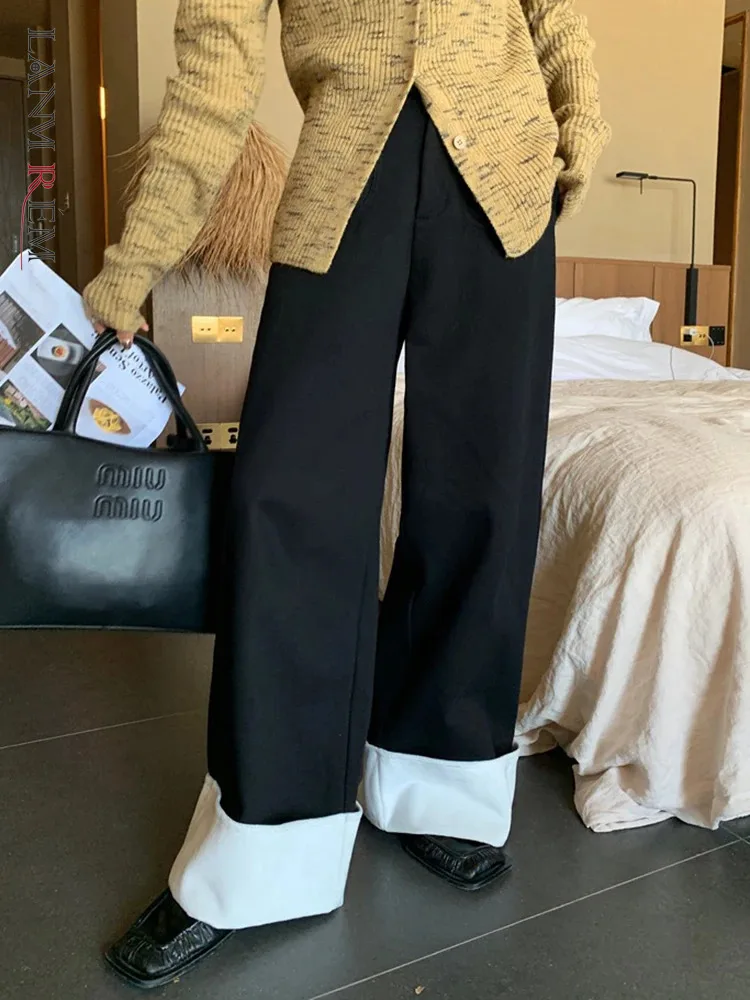 

[LANMREM] Vintage High Waist Wool Wide Leg Pants For Women Contrast Color Fashion Female Warm Clothing 2023 Winter New 26D6714