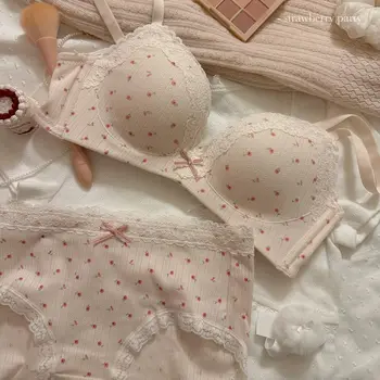 Set reggiseno floreale in pizzo sexy per adolescenti Comodo anello non in acciaio Beauty Back Seni piccoli raccolti Set reggiseno anti-cedimento