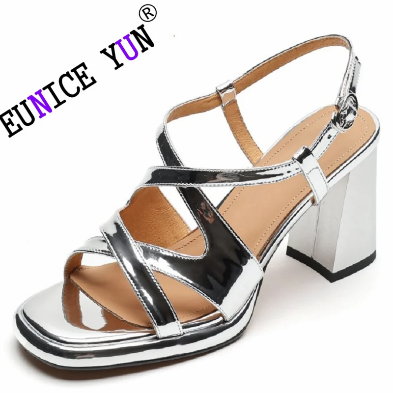 

【EUNICE YUN】New Fashion Hot Summer Shoes Woman Sandals High Heels Platform Ankle Strap Silver Apricot Genuine Leather Dress