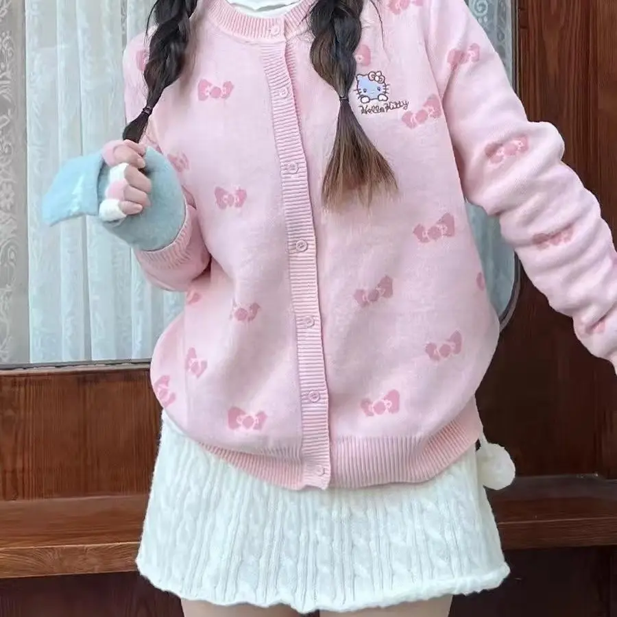 

HelloKitty Kawaii Original Cardigan Sweater Sweet Bow Tops Women Students Cute Wind Knit Tide
