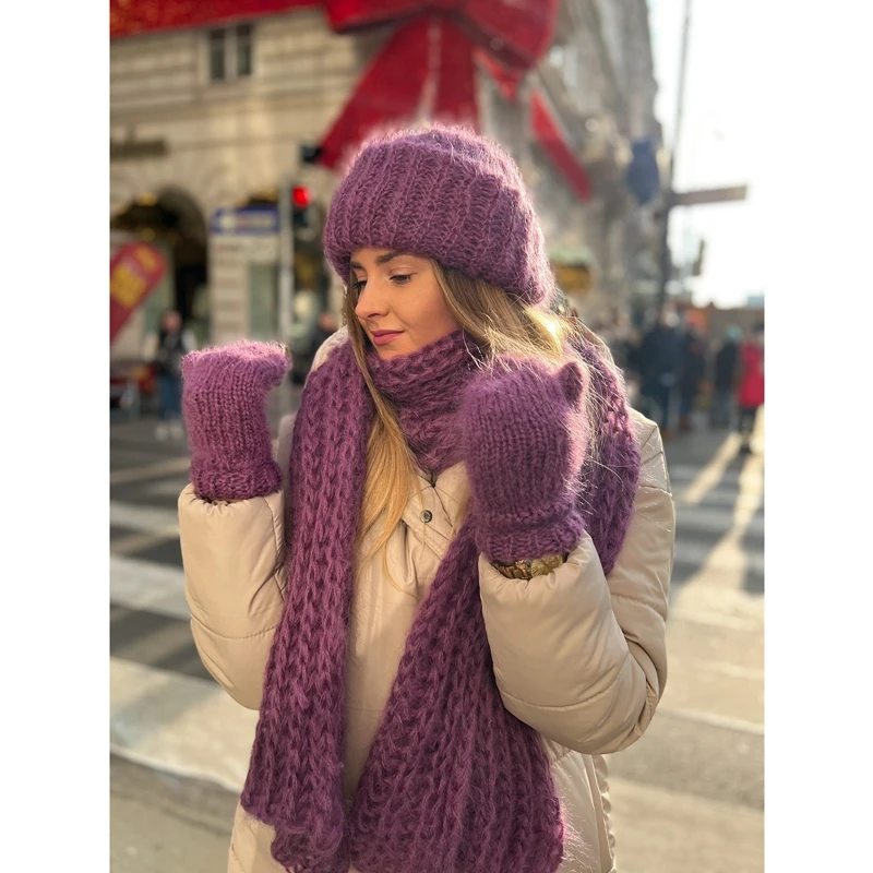 Jeere Knit Hat Scarf and Gloves Set 3 Pieces Cold Winter Set White Gloves  Warm Long Scarf Soft Cable Knitted Hat for Women