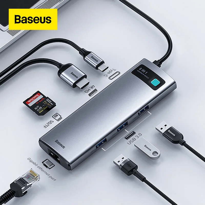 Baseus LED USB C HUB to HDMI RJ45 3*USB 3.0 Type C PD Adapter Ethernet Splitter 