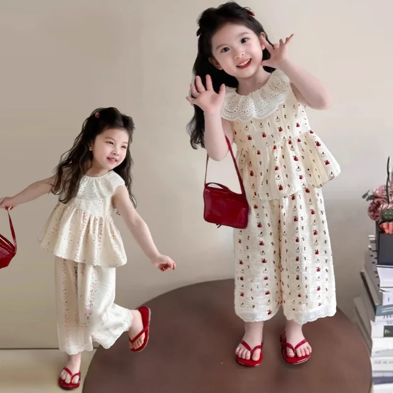 Tops+Pants 2-Piece Clothing Set Kid With Floral Print Summer Thin Outfit Baby Girls Sleeveless Floral Children Casual Suit New