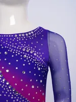 Robe de danse lyrique pour filles, Costume de gymnastique, danse rythmique, couleur contrastée, asymétrique, fendue, strass, justaucorps 3