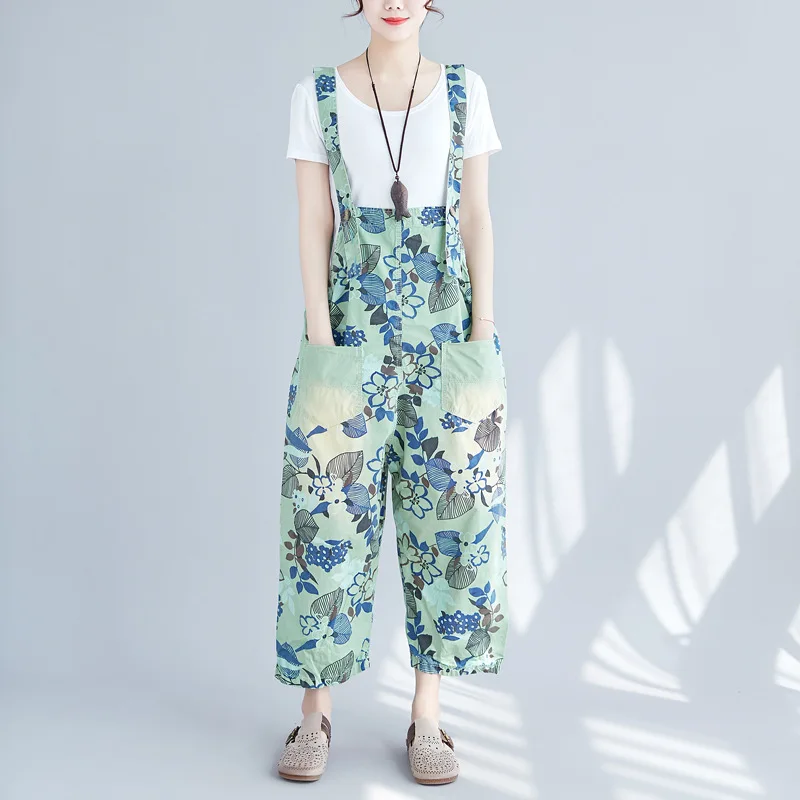 

Women Casual Loose Spring New Printed Denim Brace Loose Casual Cropped Sling Wide-Leg Pants Overalls Trousers Jeans