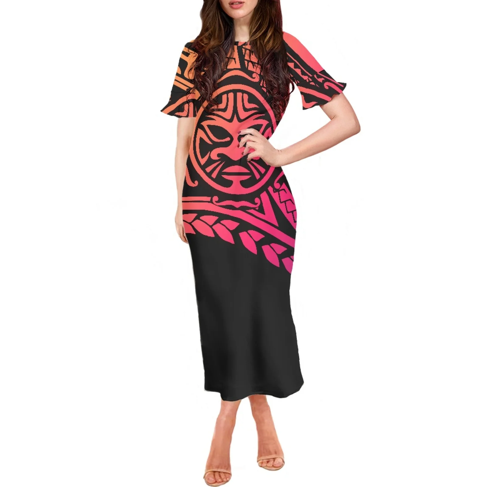 

Tradition Triba Summer Tattoos Totem Print Clothing Chic And Elegant Woman Dress Short Ruffle Sleeve O-Neck Sexy Long Dress