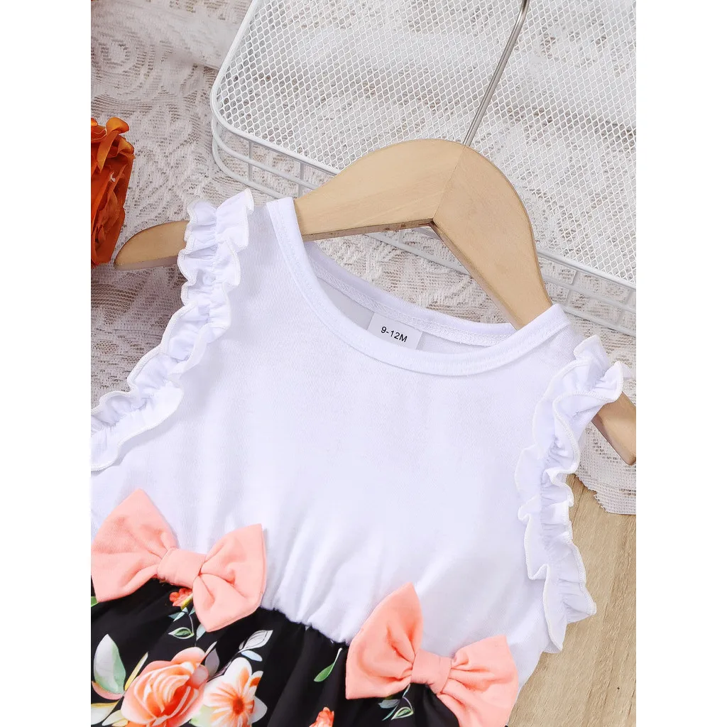 Girls Dress Baby Girl Dress Baby Girl Summer Clothes Floral Print Sleeveless Dresses Pastoral Style Wedding Party Dress with Bow for Toddler Girl 0-3 Years