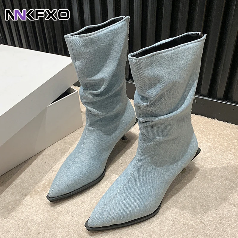 

2023 Women's New Fashion Mid Calf Boots Autumn Winter Comfortable Versatile Boots Pointed Toe Thin Heels Microfiber Boots QB459