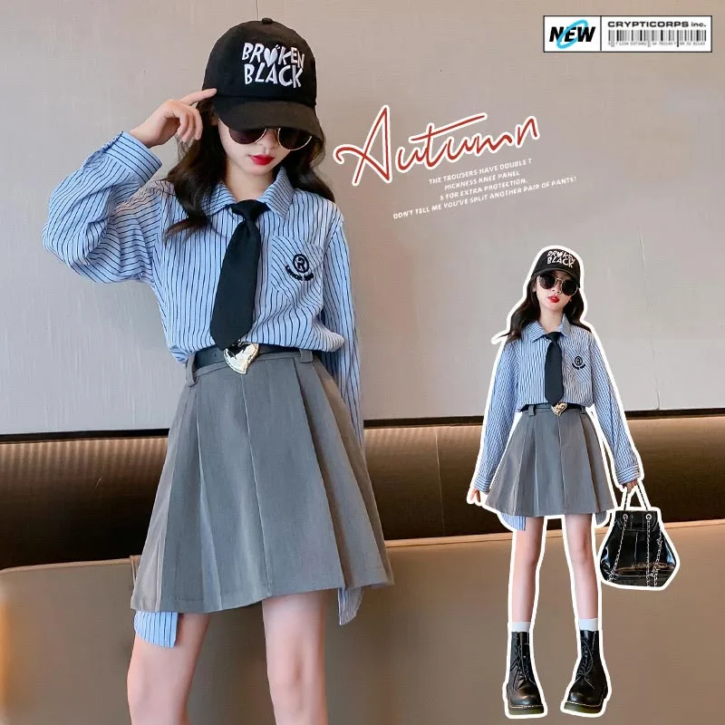 

Spring Autumn Children Girl 2PCS Clothes Set Teenager Girl Striped Tie Long Sleeve Tops+Pleated Skirt Set For Girls 4-12Yrs